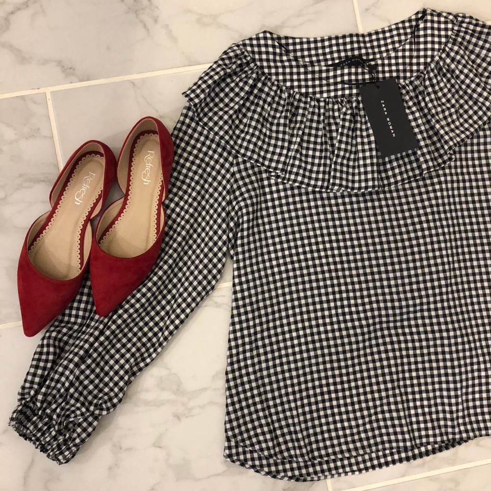 {Zara} Gingham Ruffle Blouse